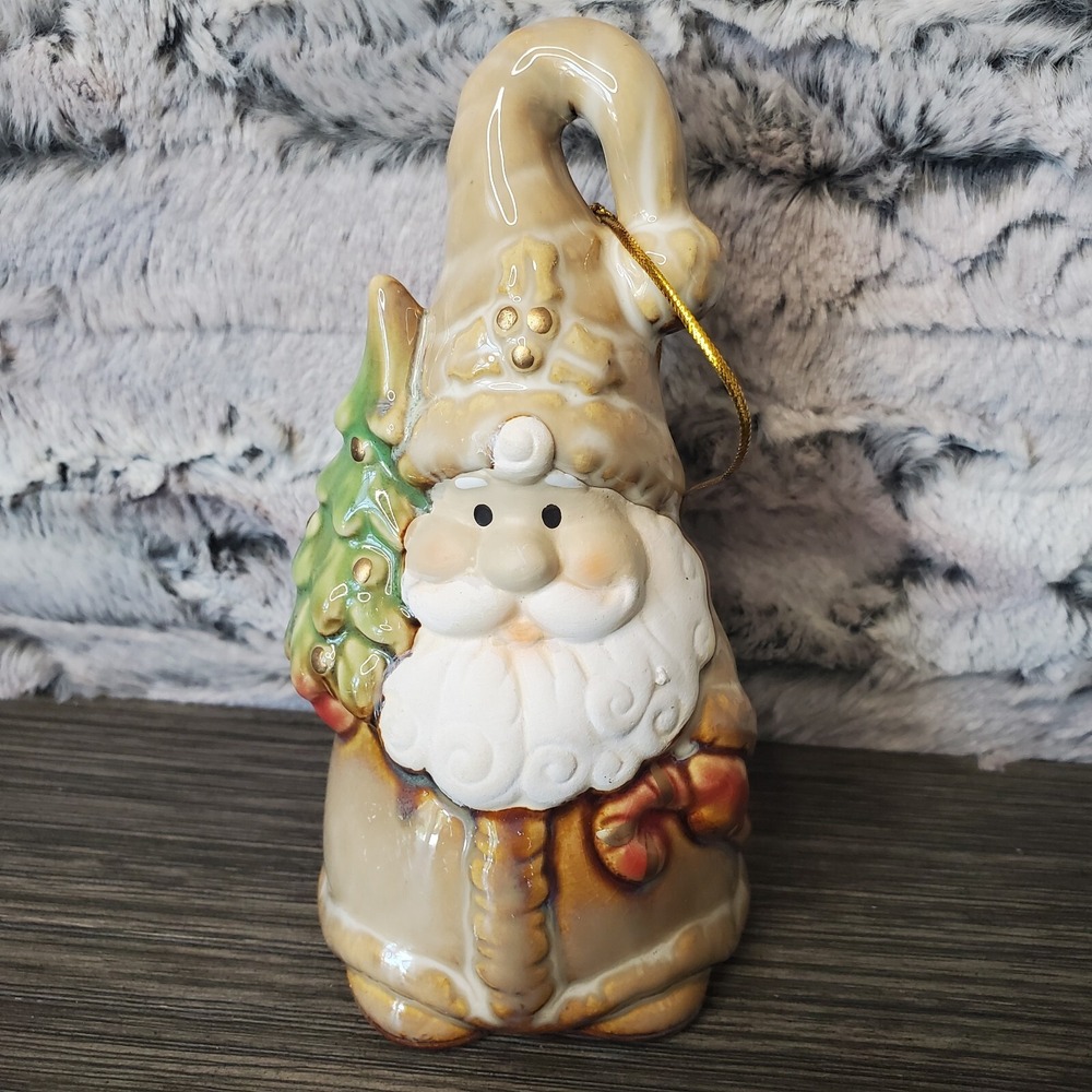 Beige SANTA GNOME Ceramic Decorative Bell 5.75" Christmas Tree Detail - Glazed